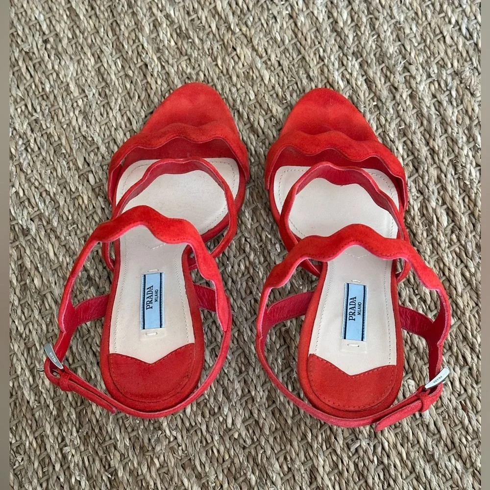 Prada Suede Wavy-Strap Sandal, Red Orange Size 40 - Picture 3 of 6
